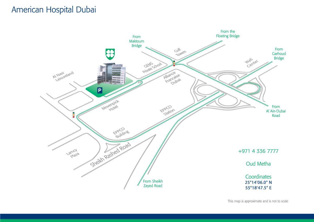 kaart van die Amerikaanse hospitaal Dubai