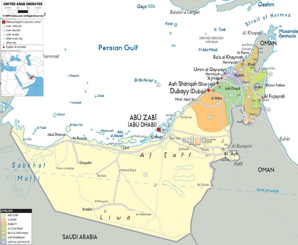 kaart van Dubai in die verenigde arabiese Emirate