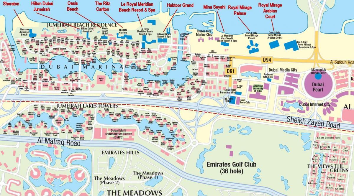 Dubai marina kaart met die bou van name