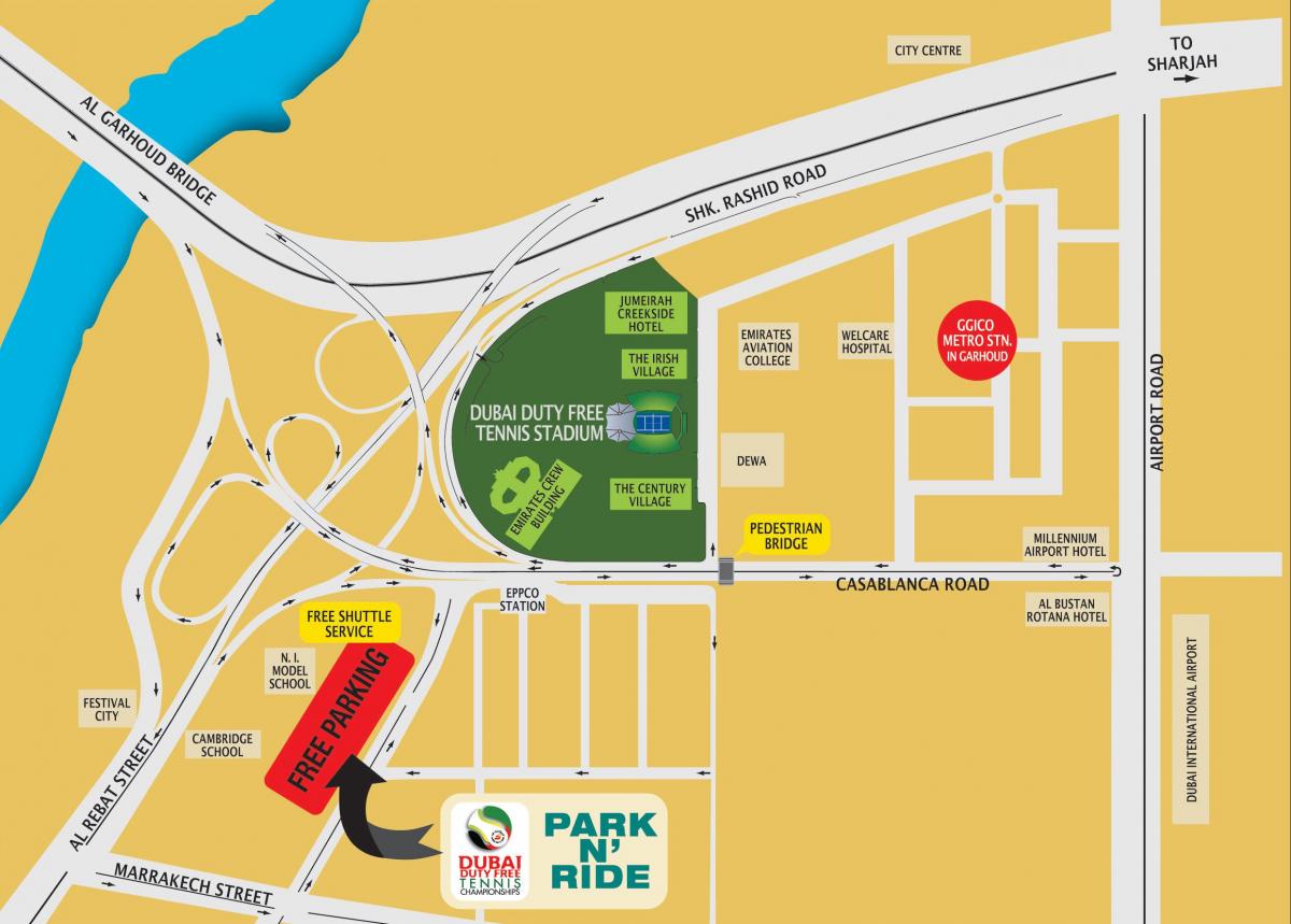 Dubai plig gratis tennis-stadion kaart van die plek